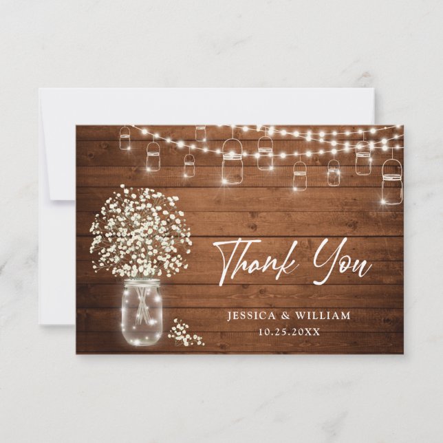 Baby's Breath Mason Jar Rustic Watercolor Thank You Card (Front)
