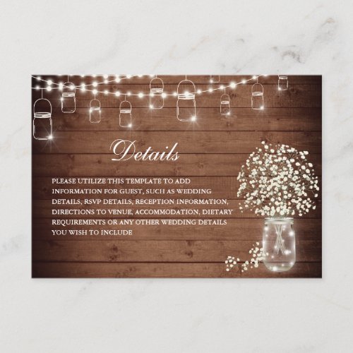 Babys Breath Mason Jar Rustic Wedding Details Enclosure Card