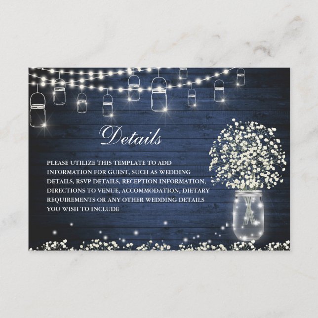 Baby's Breath Mason Jar Rustic Wedding Details Enclosure Card (Front)