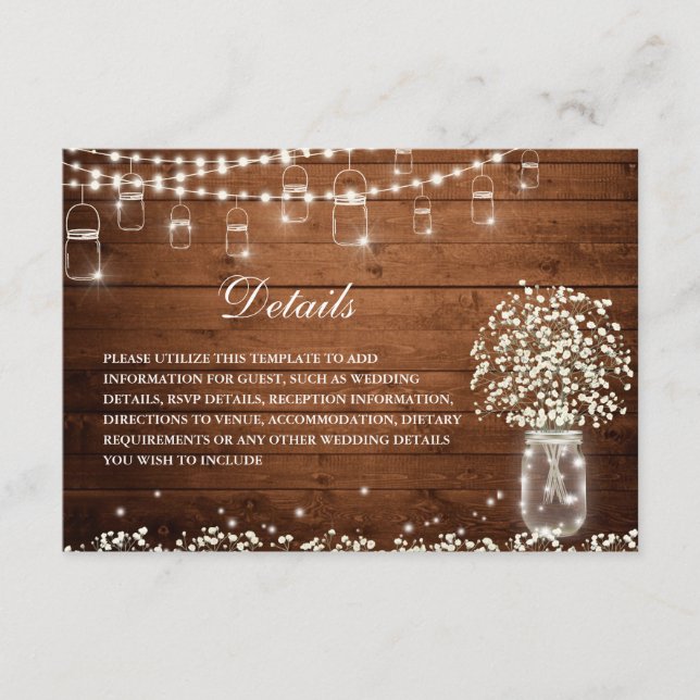 Baby's Breath Mason Jar Rustic Wedding Details Enclosure Card (Front)