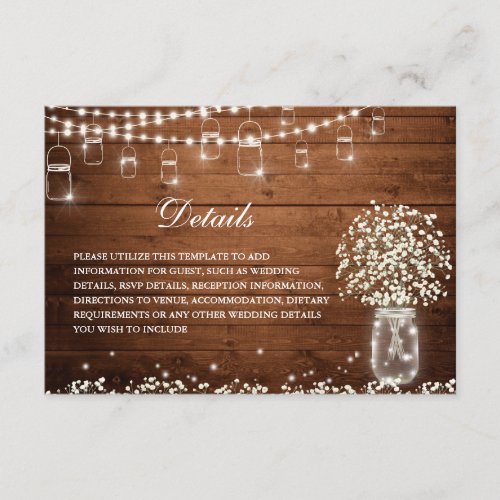 Babys Breath Mason Jar Rustic Wedding Details Enclosure Card