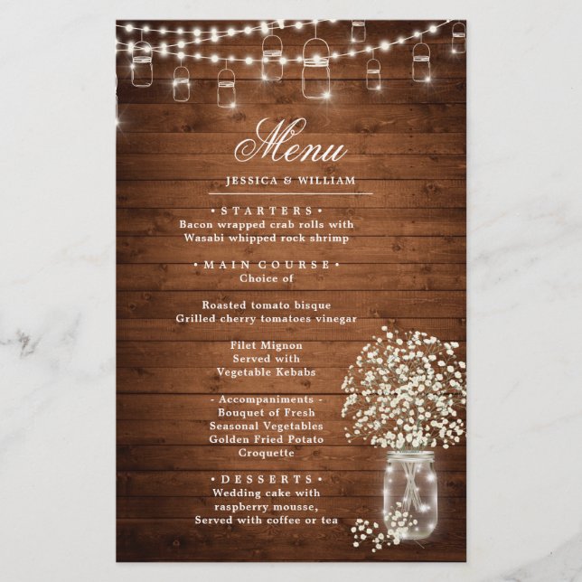 Baby's Breath Mason Jar Rustic Wedding Dinner Menu (Front)