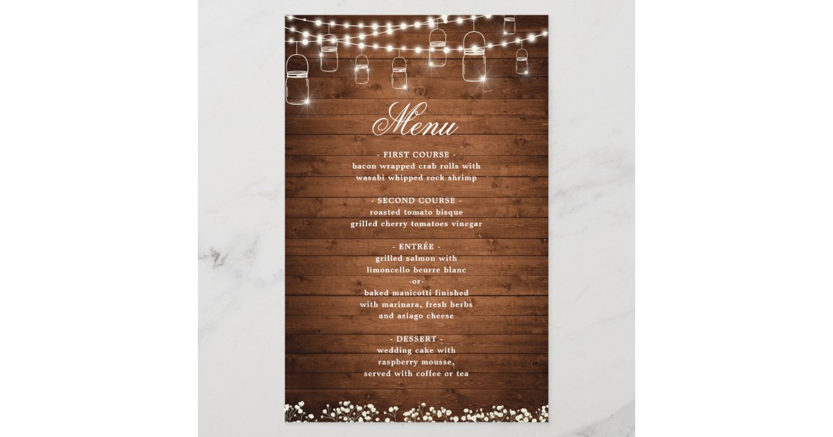 Baby's Breath Mason Jar Rustic Wedding Dinner Menu | Zazzle.com