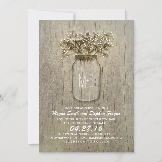 Baby's Breath Mason Jar Rustic Wedding Invitation (Front)