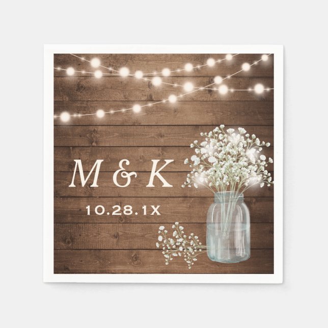 Baby's Breath Mason Jar Rustic Wedding Monogram Paper Napkins (Front)
