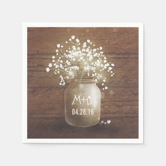 Baby's Breath Mason Jar Rustic Wedding Paper Napkins (Front)