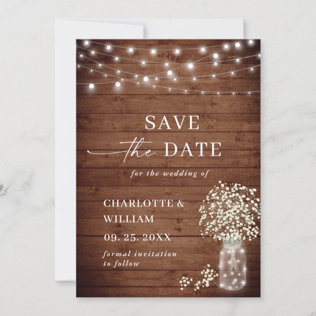 Baby's Breath Mason Jar Rustic Wedding QR code Save The Date (Front)