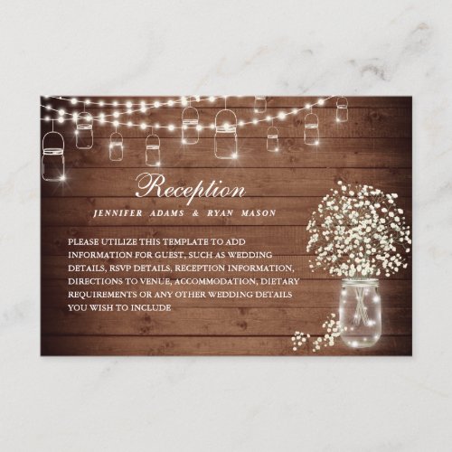 Babys Breath Mason Jar Rustic Wedding Reception Enclosure Card