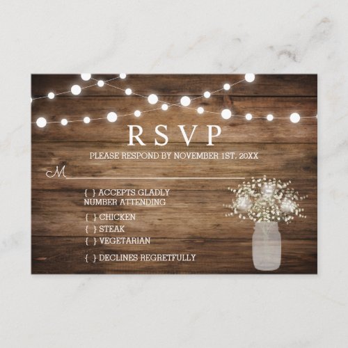 Babys Breath  Mason Jar Rustic Wedding RSVP Card