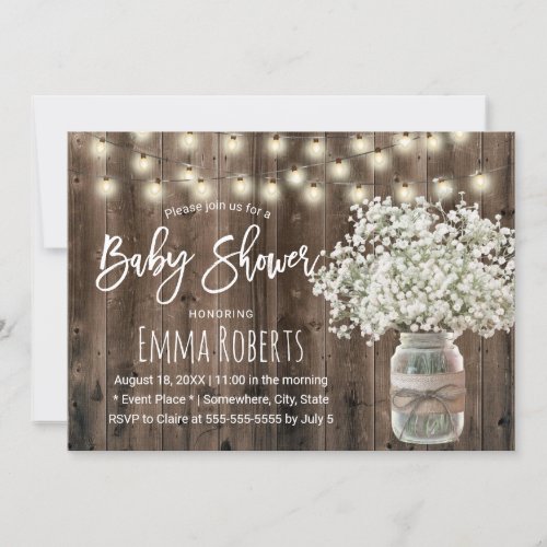 Babys Breath Mason Jar Rustic Wood Baby Shower Invitation