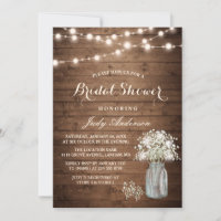 Baby's Breath Mason Jar Rustic Wood Bridal Shower Invitation