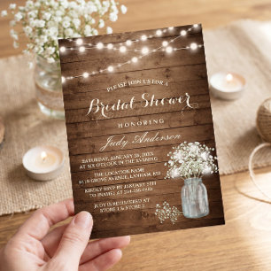 Baby's Breath Mason Jar Rustic Wood Bridal Shower Invitation