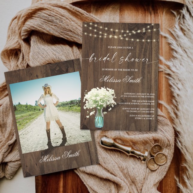 Baby's Breath Mason Jar Rustic Wood Bridal Shower Invitation (Creator Uploaded)