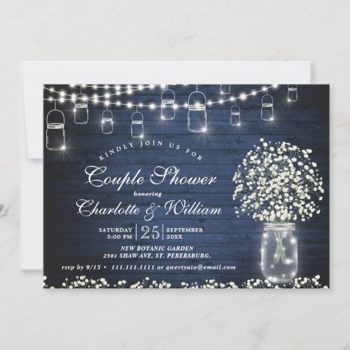 Babys Breath Mason Jar Rustic Wood Couple Shower Invitation