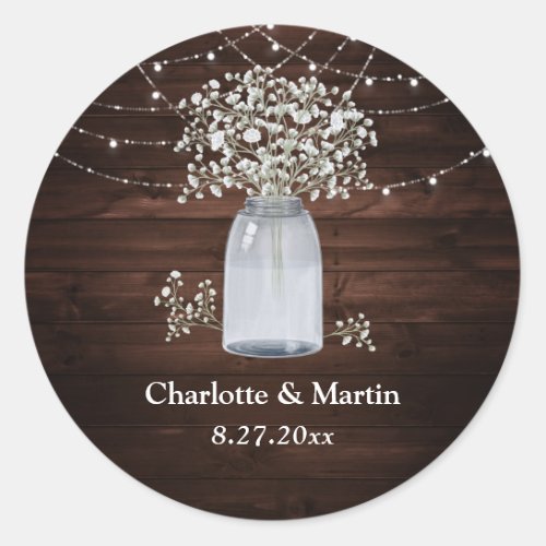 Babys Breath Mason Jar Rustic Wood Floral Wedding Classic Round Sticker