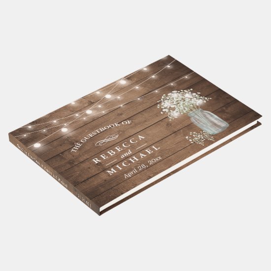 Baby's Breath Mason Jar Rustic Wood Lights Wedding Guest Book