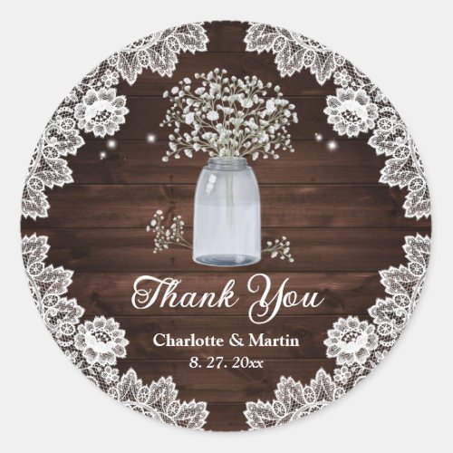 Babys Breath Mason Jar Rustic Wood Thank You Classic Round Sticker