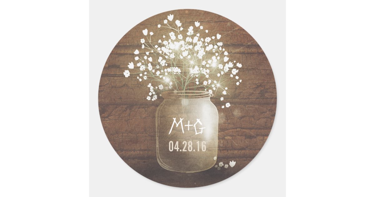 Baby's Breath Mason Jar Rustic Wood Wedding Classic Round Sticker | Zazzle.com