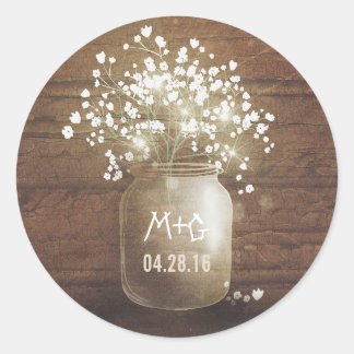 Baby's Breath Mason Jar Rustic Wood Wedding Classic Round Sticker