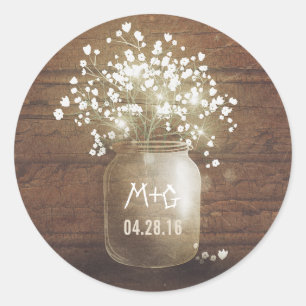 Baby's Breath Mason Jar Rustic Wood Wedding Classic Round Sticker