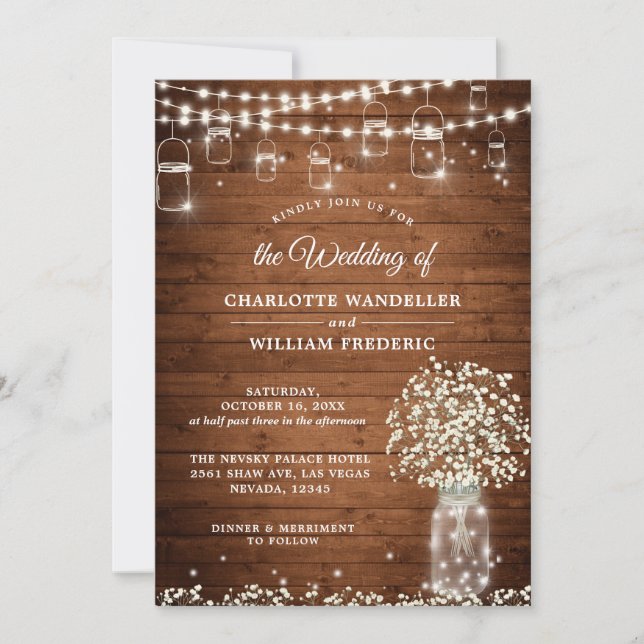 Baby's Breath Mason Jar Rustic Wood Wedding Invitation (Front)