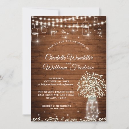 Baby's Breath Mason Jar Rustic Wood Wedding Invitation