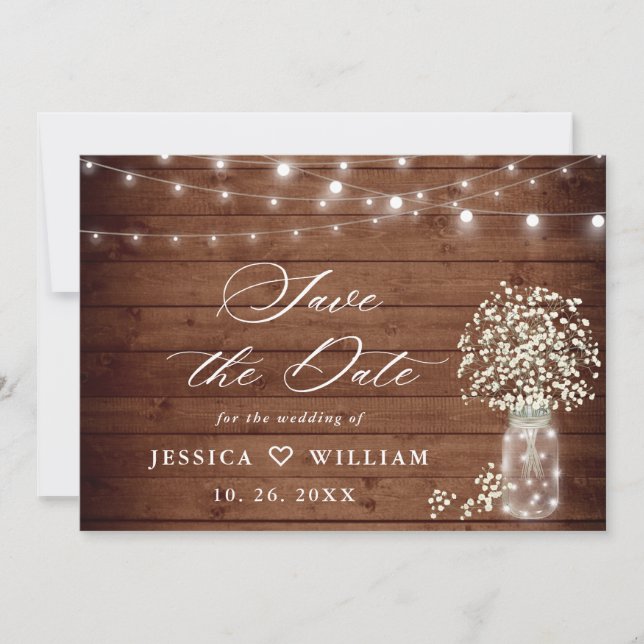 Baby's Breath Mason Jar Rustic Wood Wedding Save The Date (Front)