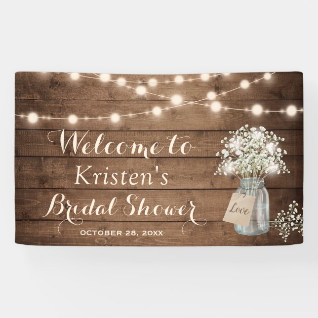 Baby's Breath Mason Jar String Light Bridal Shower Banner (Horizontal)