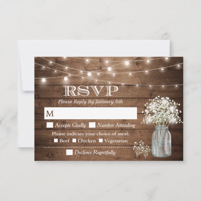 Baby's Breath Mason Jar String Lights Meal RSVP Card (Front)