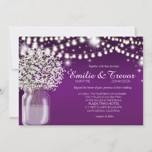 Babys Breath Mason Jar String Lights purple Invitation