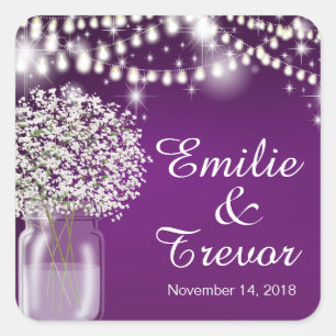 Baby's Breath Mason Jar String Lights purple Square Sticker