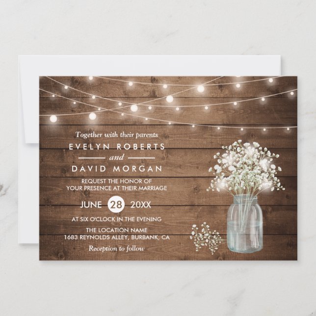 Baby's Breath Mason Jar String Lights Wedding Invitation (Front)