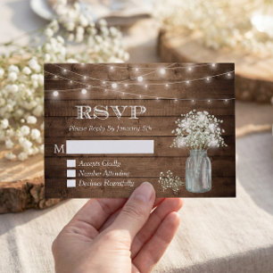 Baby's Breath Mason Jar String Lights Wedding RSVP Card