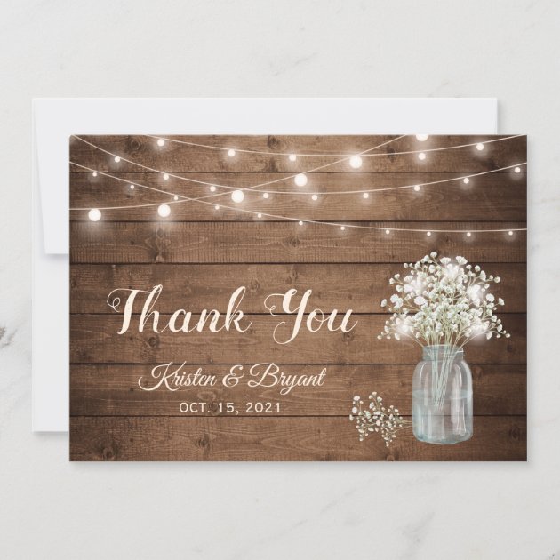 Baby's Breath Mason Jar String Lights Wedding Thank You Card