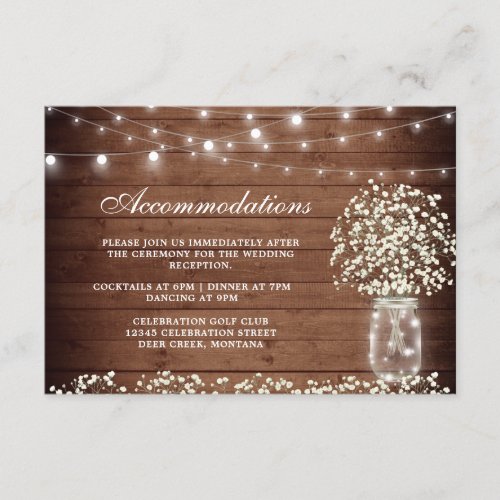 Babys Breath Mason Jar Wedding Accommodations Enclosure Card