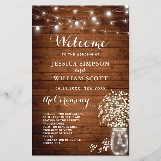 Baby's Breath Mason Jar Wedding Ceremony Program