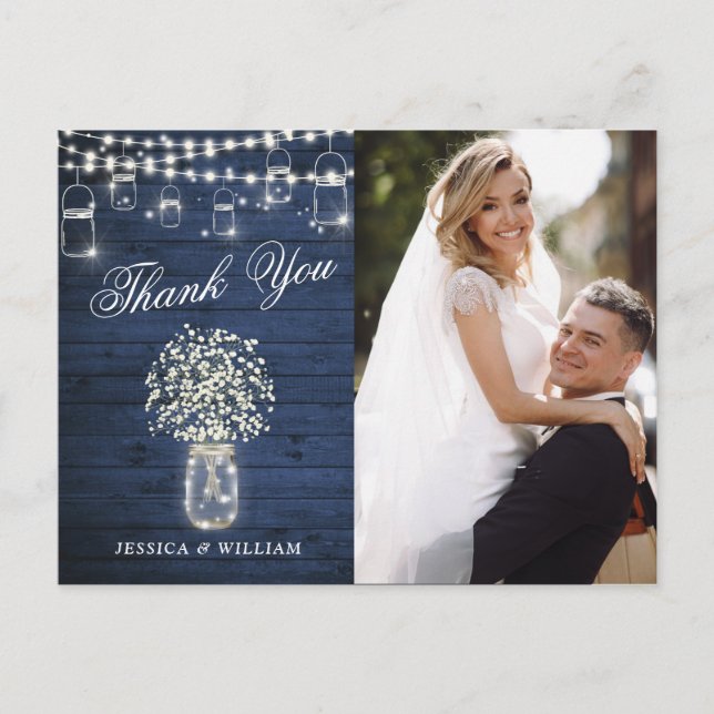 Baby's Breath Mason Jar Wedding Photo Thank You Postcard (Front)