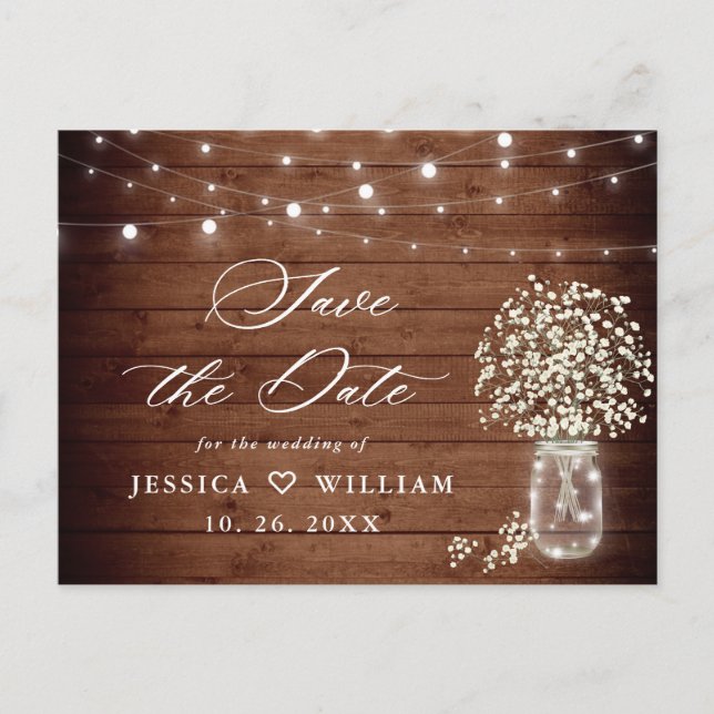 Baby's Breath Mason Jar Wedding Save the Date Postcard (Front)