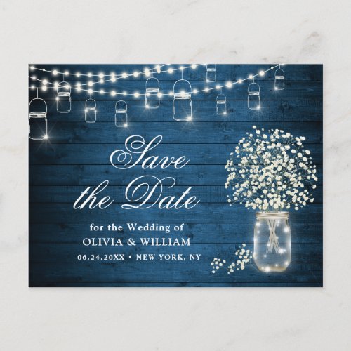 Babys Breath Mason Jar Wedding Save the Date Postcard