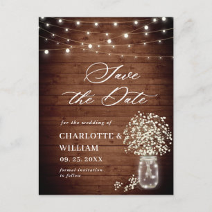 Baby's Breath Mason Jar Wedding Save the Date Postcard