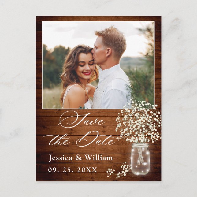 Baby's Breath Mason Jar Wedding Save the Date Postcard (Front)