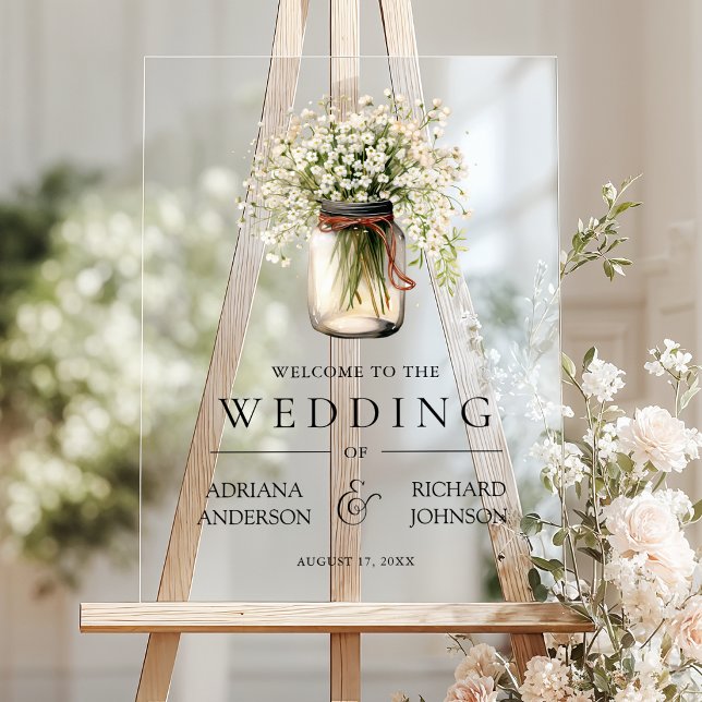 Baby's Breath Mason Jar Wedding Welcome Acrylic Sign (Creator Uploaded)