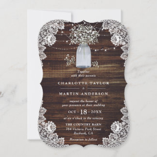 Baby's Breath Mason Jar Wood Floral Lace Wedding Invitation