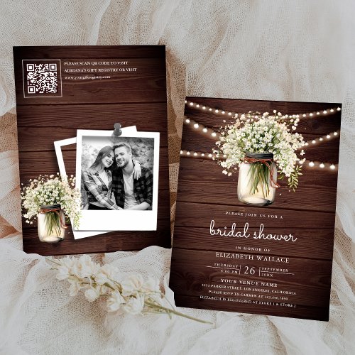 Babys Breath Mason Jar Wood QR Code Bridal Shower Invitation