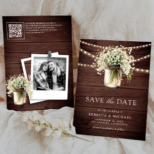 Baby's Breath Mason Jar Wood QR Code Wedding Photo Save The Date