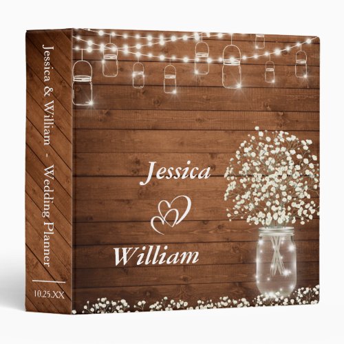 Babys Breath Mason Jar Wood Rustic Wedding Binder