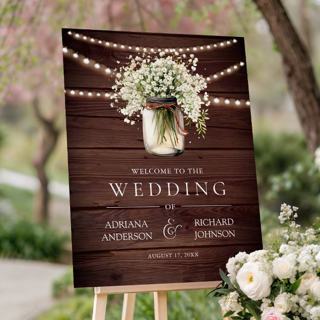 Baby's Breath Mason Jar Wood Wedding Welcome Sign (Creator Uploaded)