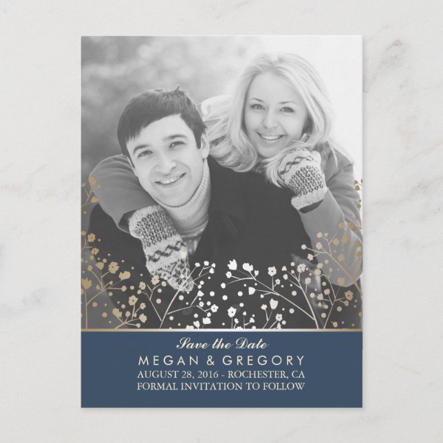 baby's breath navy and gold photo save the date announcement postcard (Front)