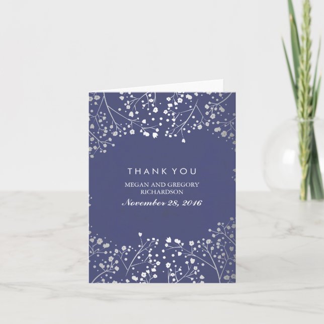 Baby's Breath Navy and Silver Wedding Thank You Card (Front)