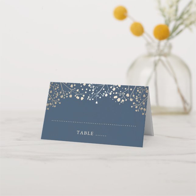 Baby's Breath Navy Blue and Gold Wedding Place Card (Front)